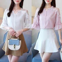 여성 네츄럴 여신핏 프릴소매 레이스 큐티 블라우스 반팔 여름 여자 오프숄더 쉬폰 시원한셔츠