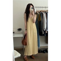 민소매 브이넥 슬림라인 와프 체크 나시 골지 롱 원피스