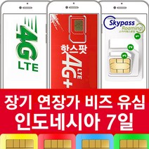 인도네시아 유심 칩 구매 7 일 핫스팟 무제한 지원 데이터 로밍 브카시 자카르타 발리 출장 여행 심카드 xl 스카이패스로밍, 오늘주문내일수령, 단기-연장X-7일 이용