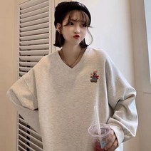 SJW 여성 브이넥 맨투맨 곰돌이 자수 빅사이즈 가을겨울 일반 긴팔 티셔츠