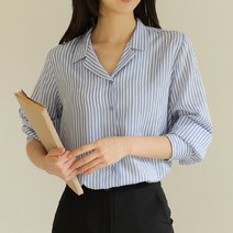 원타임 여성용 투카라넥 베이직 스트라이프 블라우스