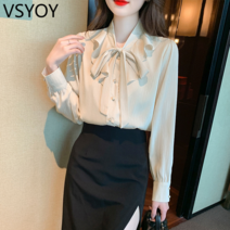 vsyoy 봄 새로운 쉬폰 셔츠 여성 디자인 느낌 틈새 버블 슬리브 재킷 활 레이스 셔츠