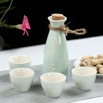 온주기 술잔 일본식 주전자 감성혼술 청주기 도쿠리 도자기 핸드페인팅 청주 주구세트 사케세트, 천청 3량 4잔 심플