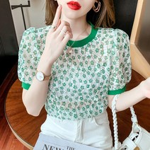ocx 2022년 여름 분위기 라운드 칼라 센스 레이스 펀칭 반팔 블라우스여름 옷은 쾌적하고 흰 옷차림이 보기 좋다