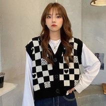 손뜨개조끼 오버핏 롱 크롭 니트조끼 체커 보드 체크 무늬 스웨터 조끼 여성용 빈티지 프린트 니트 미니 캐주얼 스트리트웨어 하라주쿠 의류 가을 탑