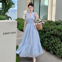 바캉스 원피스 휴양지룩 동남아 여름하이난 싼야 해변 휴가 블루 체크 무늬 매달린 목 드레스 사진 비치