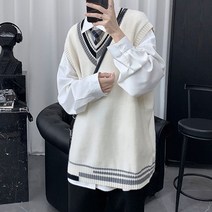 위위브렌 남성용 봄 가을 브이넥 루즈핏 니트 베스트 조끼