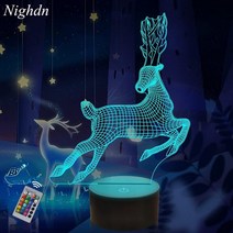 사슴 3d 착시 야간 조명 어린이 7 색 터치 버튼 usb 배터리 테이블 램프 xmas 선물 크리스마스 장식 2023, 리모컨이 있는 16가지 색상