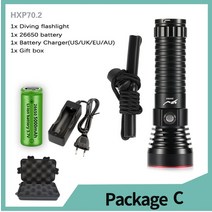 수중렌턴 다이빙랜턴 Xhp70.2 가장 강력한 led 스쿠버 다이빙 손전등 수중 낚시 토치 25000lm ipx8 방수 다이브 램프 랜턴 by 26650, 패키지 c, 백색광