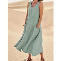 괌 하와이 원피스여름 여성 민소매 Sundress 우아한 라운드 넥 코튼 린넨 솔리드 롱 탱크 드레스 빈티지 포