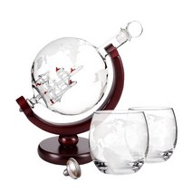 JINUS 온더락잔 싱글몰트 위스키잔 크리 에이 티브 글로브 디켄터 세트 무연 Carafe 절묘한 나무 스탠드와 2 위스키 안경 학년 선물, [01] Set of 3