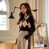 쉐얼유 여성 레인 아가일 크롭 니트 조끼 베스트