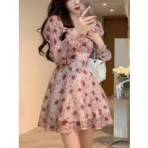 세련된 한국 패션 꽃무늬 미니 드레스 여성용 달콤한 여름 우아한 짧은 파티 비치 긴 소매 캐주얼 빈티지