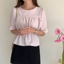 [파인스토리]라운드넥 라인 골지 소매 허리 셔링 반팔 블라우스