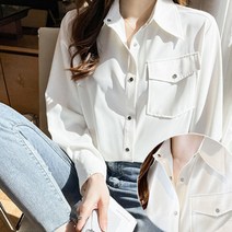 여자 원포켓 카라 세련된 골드빛 단추 포인트 블라우스 세미정장 청바지에 잘 어울리는 셔츠블라우스