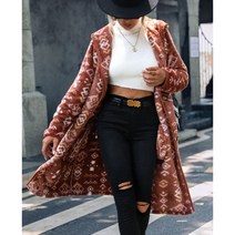 여성 가을 겨울 벨벳 유럽풍 미국 후드 긴팔 프린팅 롱코트 두꺼운 재킷