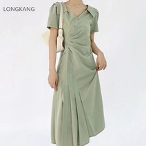 LONGKANG 여자 미디엄 반팔 원피스 여 조임 슬림핏 시크 A라인 스커트 고급스러운 주름 롱 스커트