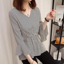[실버캣] 여성 빅사이즈 앞 조임 주름 세로 스트라이프 블라우스