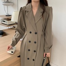 오버클래쓰 여성 브이넥 루즈핏 퍼프소매 더블 셔츠형 롱원피스