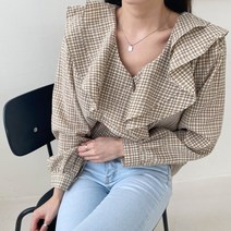 코지 여자 봄 가을 캐주얼룩 모던한 깔끔 체크 프릴 블라우스