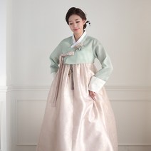 김홍갑한복 [한복대여]보라2 연회녹색 앤 자카드골드 혼주 하객 한복 세트