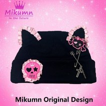 일본 스타일 고딕 핑크 러플 고양이 귀 여성 펑크 크로스 해골 블랙 비니 귀여운 겨울 따뜻한 니트 모자