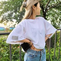 에잇티즈 베이직 워싱 오버핏 세미 크롭 반팔 힙감성 스트릿 그레이 라벨티