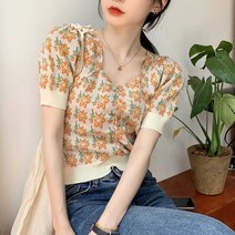 꽃무늬 브이넥 크롭 가디건 티셔츠 ORD-00 YUu 여성 자수 캐쥬얼 루즈핏 데일리티 베이직 여름 반팔티