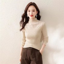 반폴라 블라우스 여성용 가을겨울 레이스 패치 니트티