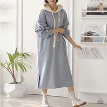 봄 가을 루즈핏 여성 면 쭈리 박스 무지 옆트임 후드 롱 원피스 (그레이 소라 카키)