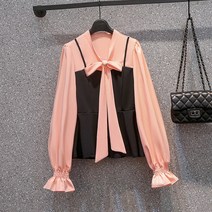 흰색긴팔셔츠 빅사이즈 여성의류 뚱뚱함 이쁜이 가을 스타일리쉬 페이크투피스 소매 얇은 나비 결 이너티셔츠 2981344603