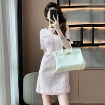 트위드 원피스 런웨이 프렌치 여름 o넥 핑크 드레스 여성용 달콤하고 우아한 슬림한 허리 반팔