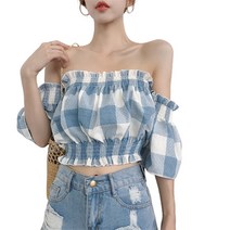 여성 플레어 소매 오프숄더 일자 체크 블라우스
