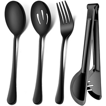 양식포크 우드포크 귀여운포크 카페포크 4pcs 스테인레스 스틸 서빙기구 뷔페 케이터링 대형 서빙 스푼 홈이있는 서빙 스푼 서빙 집게 서빙, 4pcs 블랙