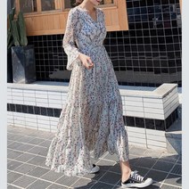 여성 브이넥 플라워 맥시롱원피스 셔링 긴원피스 휴양지룩 편한원피스 여자원피스