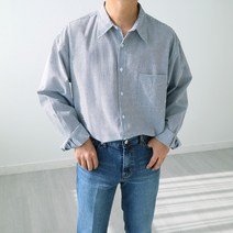 [맨즈북] 데일리 코튼 오버사이즈 남자 남색 스트라이프 셔츠 얇은 줄지남방 댄디 캐주얼룩