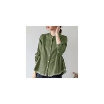 린넨긴팔셔츠 린넨 셔츠 블라우스 봄 여름 하이엔드 스탠카라 여성 코튼 긴팔 라인 루즈핏 커버 배꼽 자켓