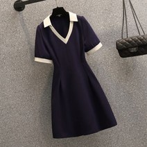 린넨 아일렛 봄 여름 가을 원피스 큰 사이즈 네이비 블루 드레스 여성 패션 대비 컬러 디자인 라이트 친숙한 스타일 느슨한 캐주얼 v-넥