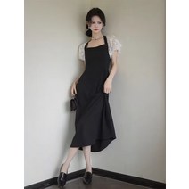 오픈 스피드 다이아몬드 디너 레이스 버블 슬리브 리어 칼라 레이스 업 레트로 코트 스타일 블랙 드레스