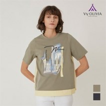 올리비아로렌 여성 캐주얼 프린트 포인트 배색 여름 반팔 티셔츠 VVCASYM3476