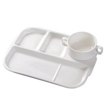 성인 심플 화이트 도자기 다이어트 식판, 사각 접시 + 스프 컵+숟가락+젓가락