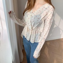 마롱패션 하트 패턴 랩 브이넥 블라우스