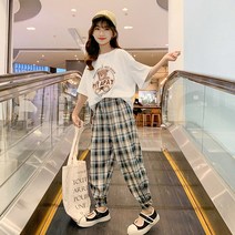 JUST FEEL!NG 여아 주니어의류 반팔티 체크 바지 초등학생 상하복 세트 트레이닝 상하세트복 바캉스룩 통바지