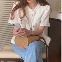 여자 포켓 하늘색 트위드 반팔 자켓 여름 결혼식 예식장 옷차림 복장 회사 첫출근 예식장룩