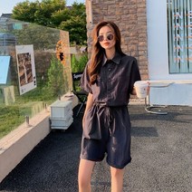 여성 셔츠 카라 반팔 셔링 스트링 반바지 점프수트