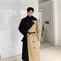 IEFB-남성 의류 디자인 윈드브레이커 벨트 포함 개성 있는 히트 색상 패치 워크 루즈 오버 사이즈 롱 코트 남성 트렌치 9Y189 2023