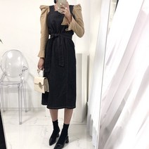 여성용 팜므 H라인 생지 데님 스티치 뷔스티에 서스펜더 멜빵 나시 롱 벨트 원피스