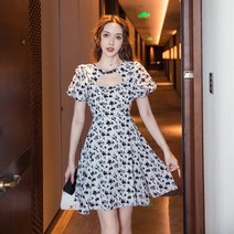Maidefei 여름 잔꽃무늬 쉬폰 플레어 원피스