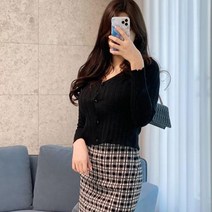스키니어 골지 가디건+체크 미니 원피스 세트 SET 투피스 sz88236