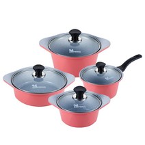 에코라믹 통주물 스톤코팅 냄비세트 (핑크) 16cm양수+18cm편수+20cm양수+22cm전골냄비+실리콘 손잡이 2p